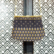 Vintage Art Deco Patterned Bead Evening Bag, Enameled Mother Of Pearl & Marcasite, Brass Hardware, Black Silk Lining, No Purse Chain, 6" L