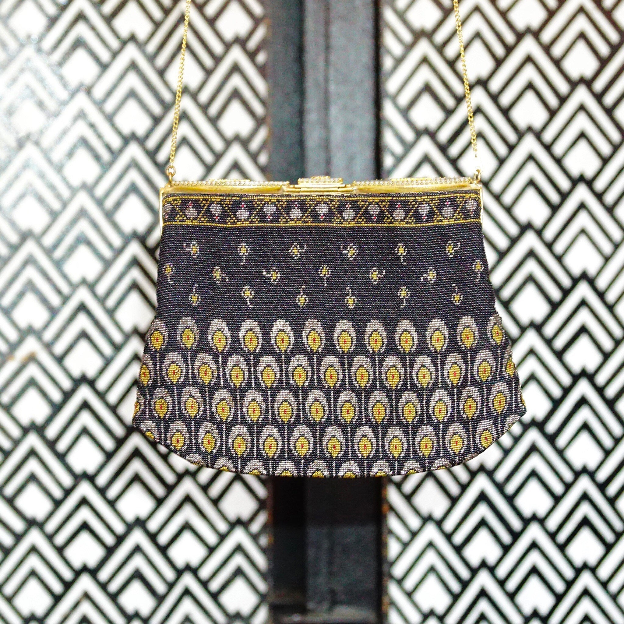 Vintage Art Deco Patterned Bead Evening Bag, Enameled Mother Of Pearl & Marcasite, Brass Hardware, Black Silk Lining, No Purse Chain, 6" L