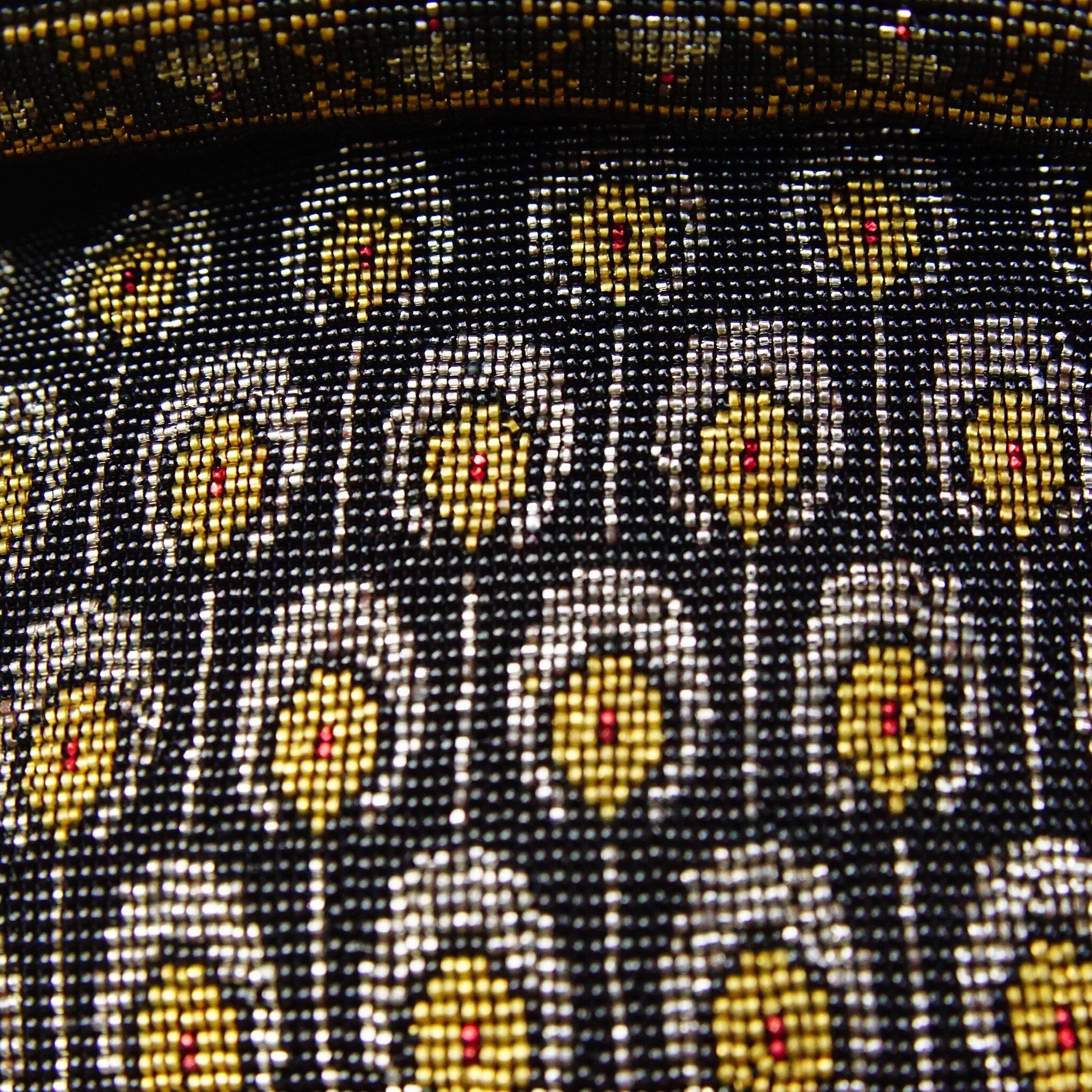 Vintage Art Deco Patterned Bead Evening Bag, Enameled Mother Of Pearl & Marcasite, Brass Hardware, Black Silk Lining, No Purse Chain, 6" L