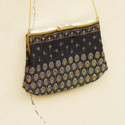 Vintage Art Deco Patterned Bead Evening Bag, Enameled Mother Of Pearl & Marcasite, Brass Hardware, Black Silk Lining, No Purse Chain, 6" L