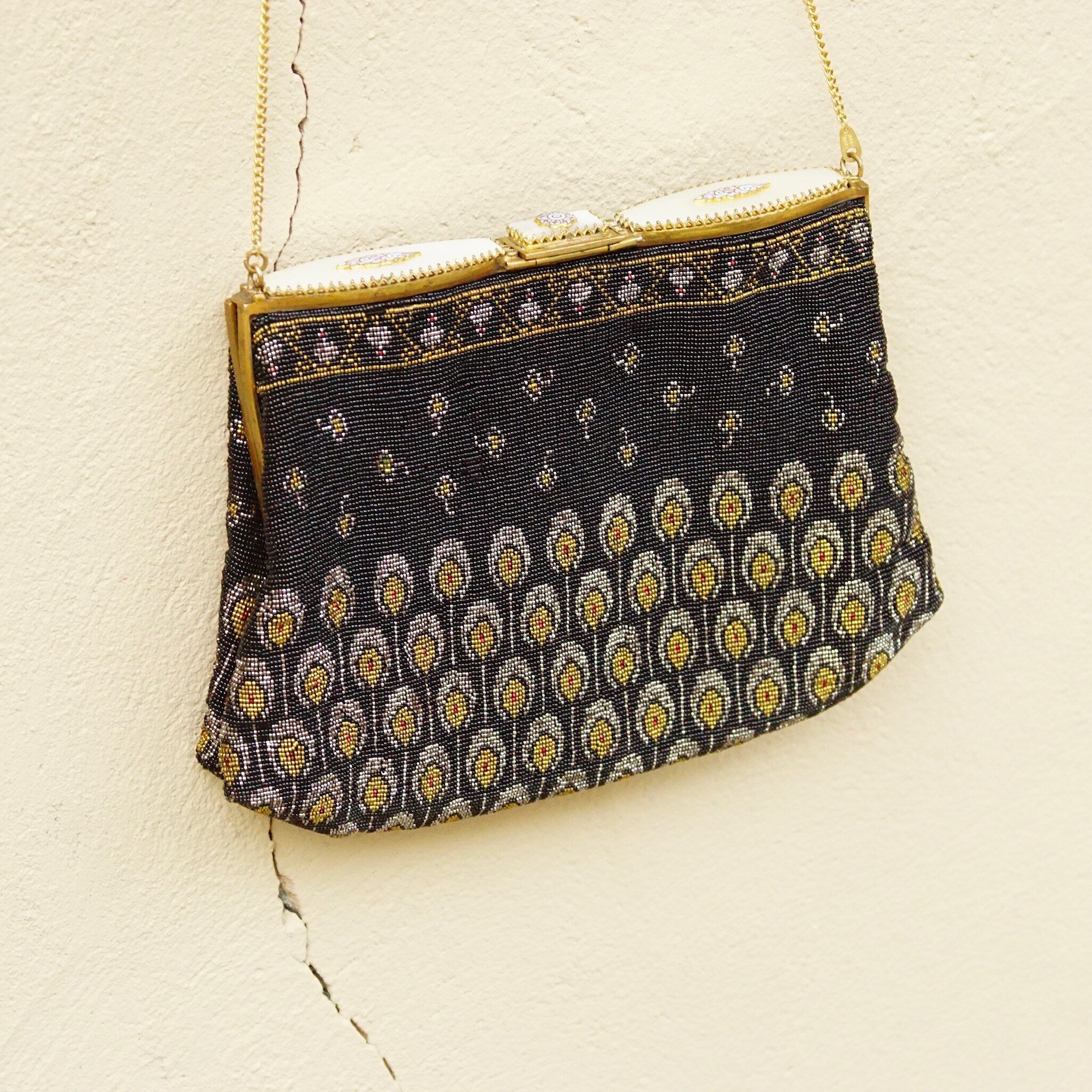 Vintage Art Deco Patterned Bead Evening Bag, Enameled Mother Of Pearl & Marcasite, Brass Hardware, Black Silk Lining, No Purse Chain, 6" L