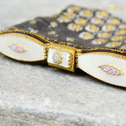 Vintage Art Deco Patterned Bead Evening Bag, Enameled Mother Of Pearl & Marcasite, Brass Hardware, Black Silk Lining, No Purse Chain, 6" L
