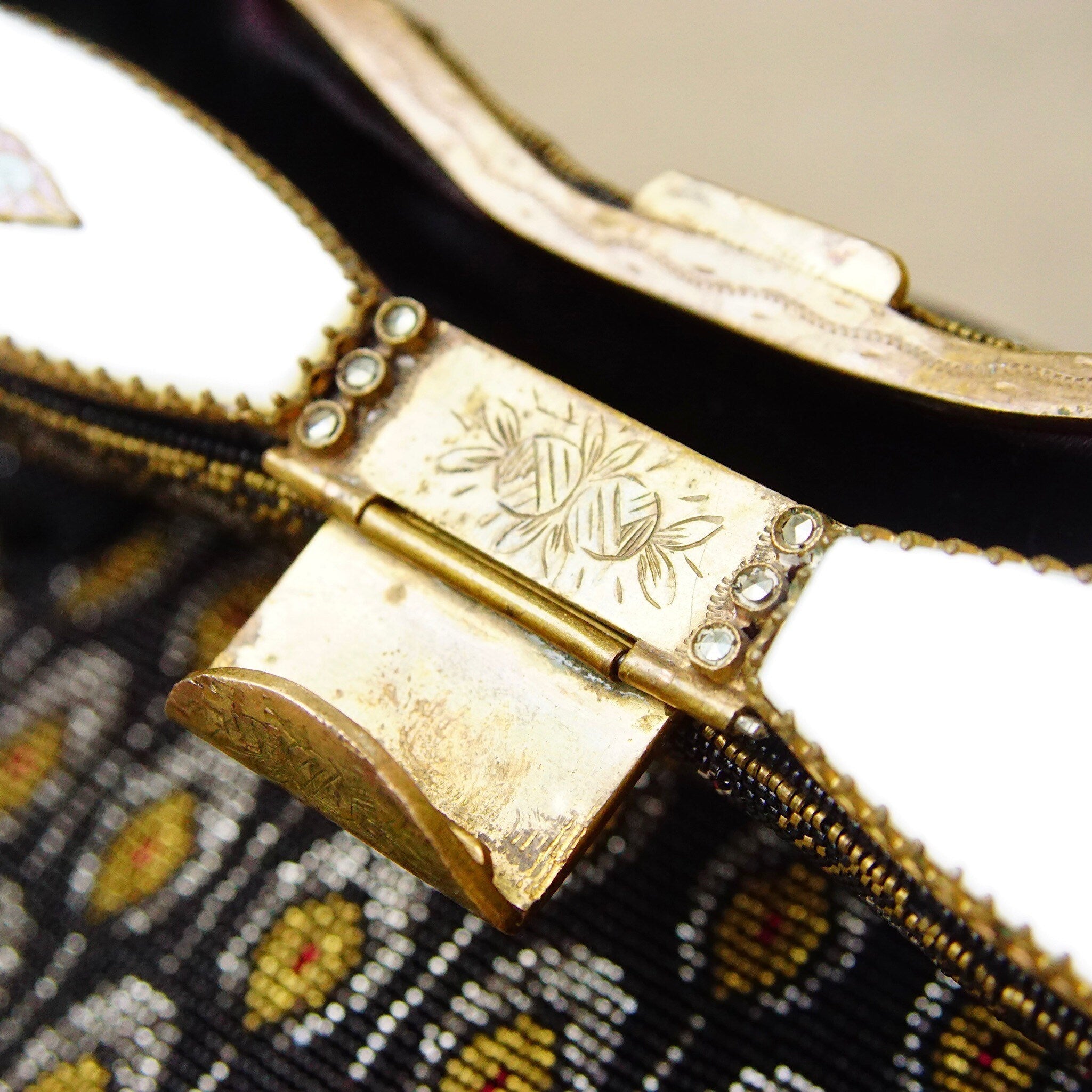 Vintage Art Deco Patterned Bead Evening Bag, Enameled Mother Of Pearl & Marcasite, Brass Hardware, Black Silk Lining, No Purse Chain, 6" L
