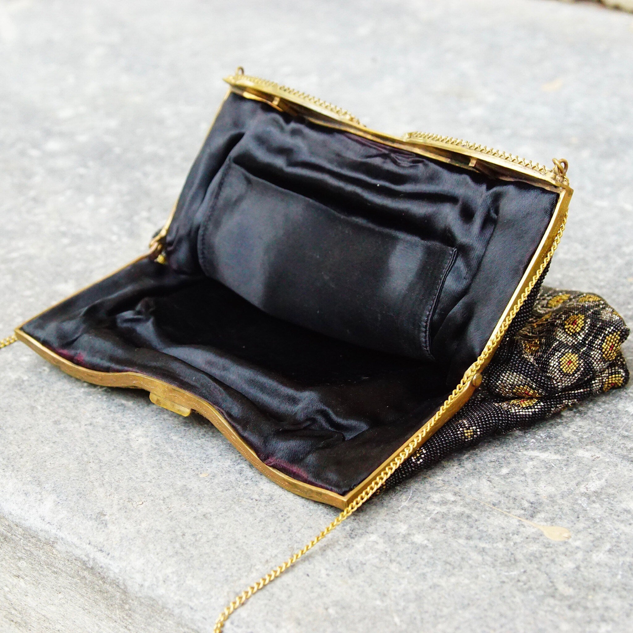Vintage Art Deco Patterned Bead Evening Bag, Enameled Mother Of Pearl & Marcasite, Brass Hardware, Black Silk Lining, No Purse Chain, 6" L