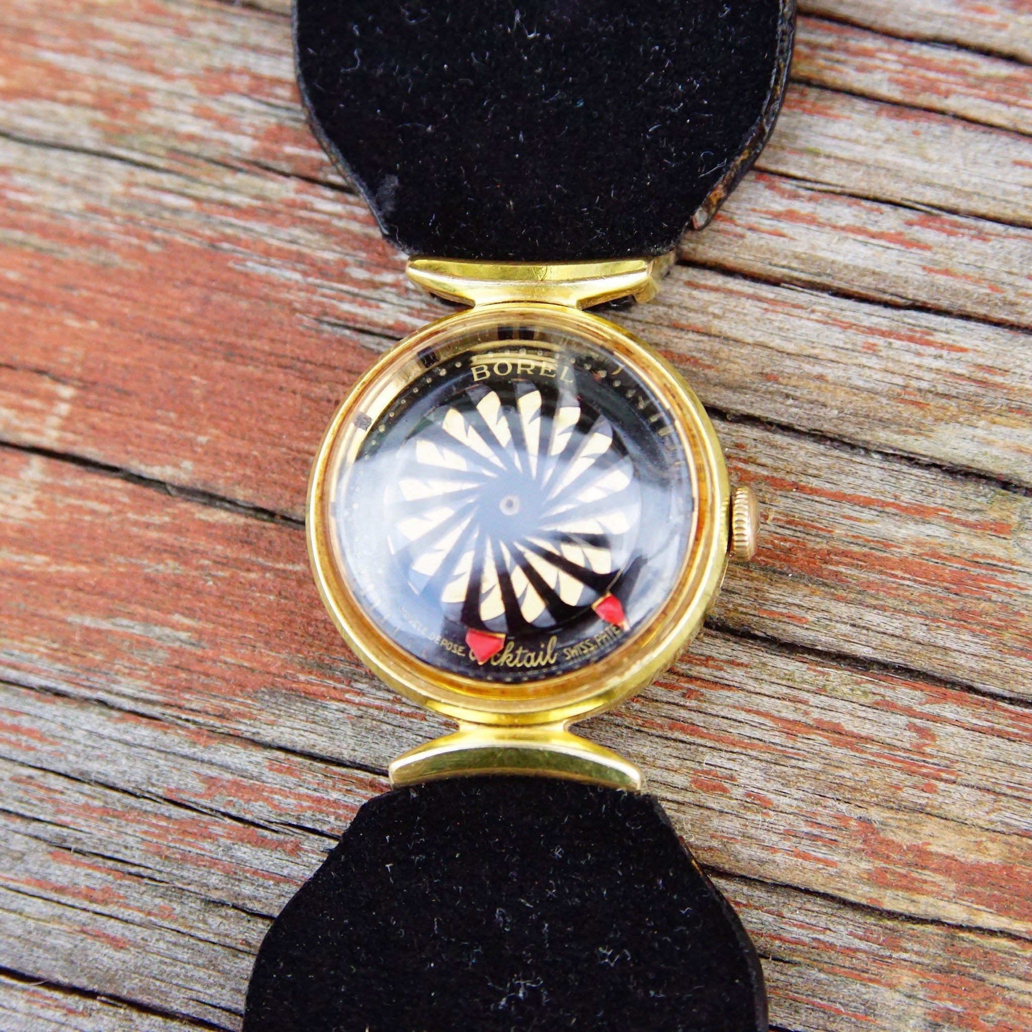 Vintage Ernest Borel Kaleidoscope Cocktail Watch, 17 Jewel Movement, Gold Plated Case, Clear Backing, Thick Black Suede Band, WORKING