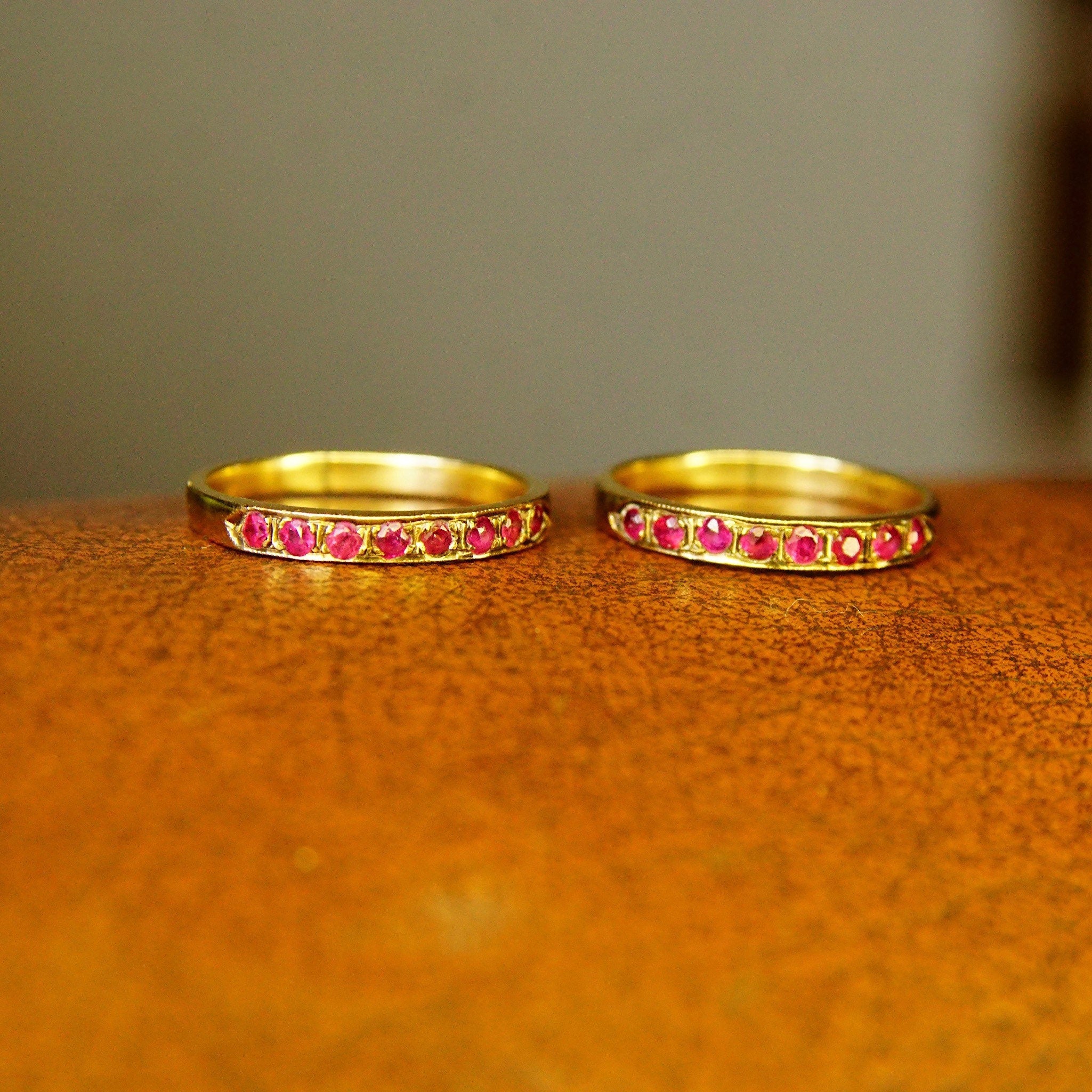 Vintage 14K Gold Half Eternity Pave Ruby Ring, 8 Round Cut Ruby Gemstones, 2mm Yellow Gold Band, Anniversary Ring, Size 6 1/2 US