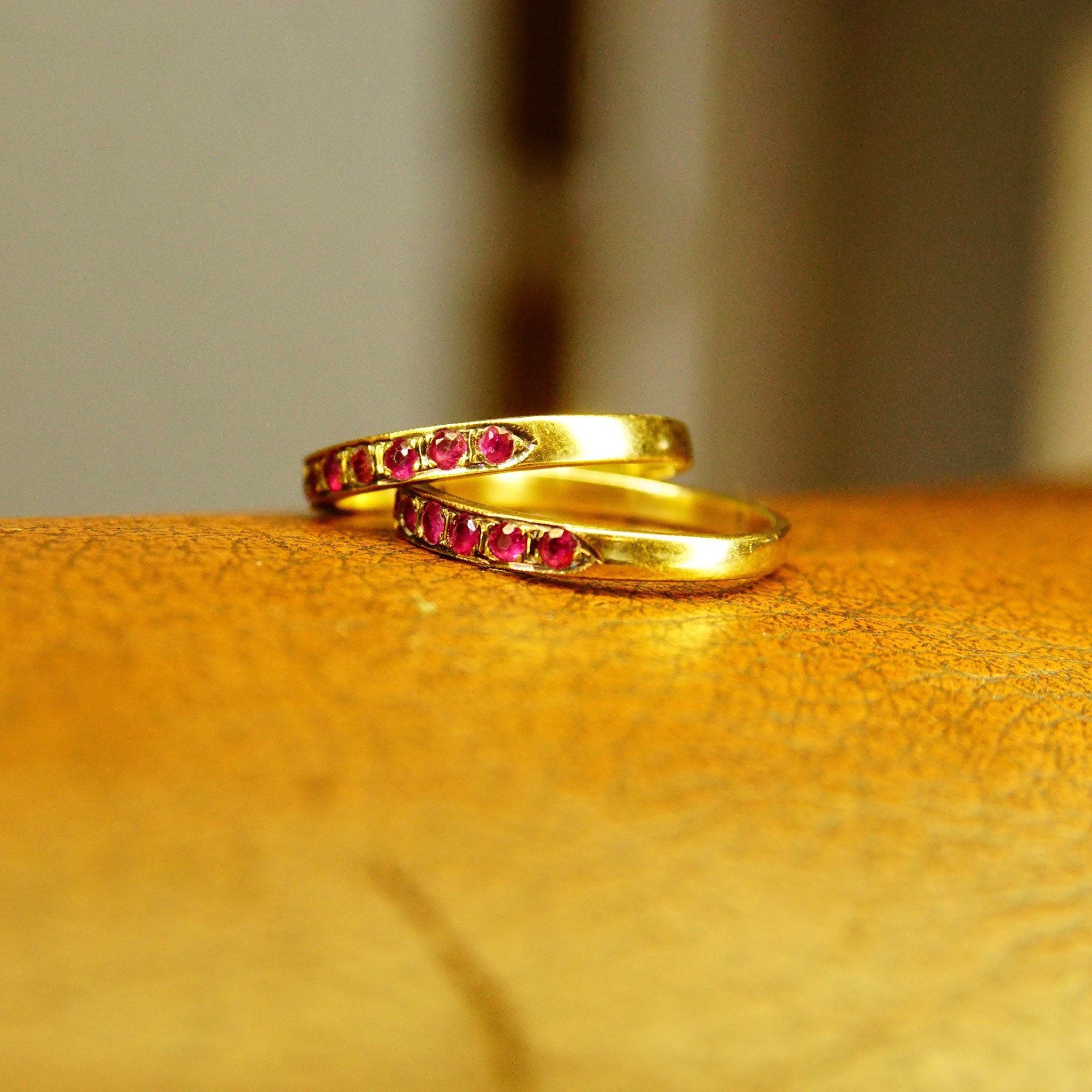 Vintage 14K Gold Half Eternity Pave Ruby Ring, 8 Round Cut Ruby Gemstones, 2mm Yellow Gold Band, Anniversary Ring, Size 6 1/2 US
