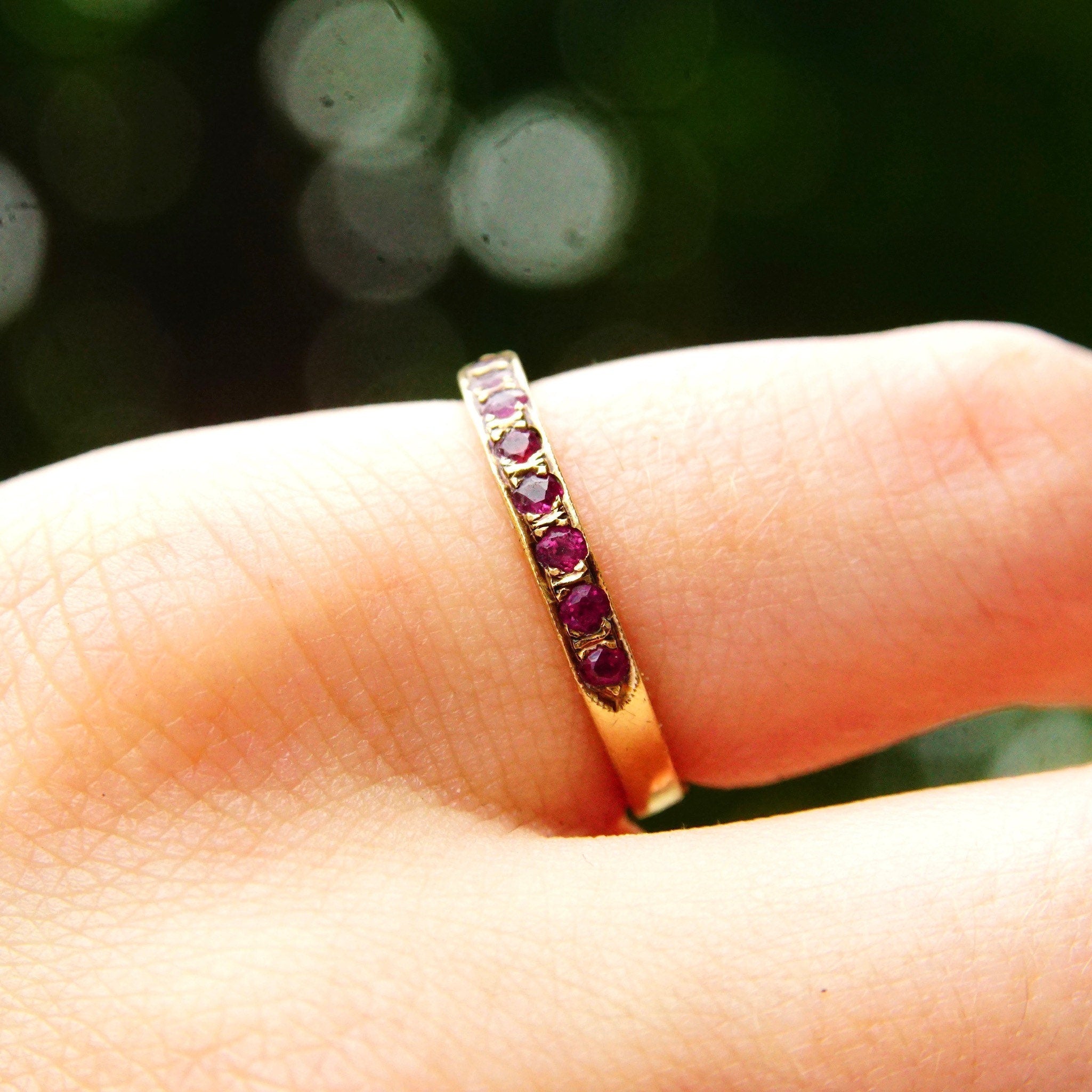 Vintage 14K Gold Half Eternity Pave Ruby Ring, 8 Round Cut Ruby Gemstones, 2mm Yellow Gold Band, Anniversary Ring, Size 6 1/2 US