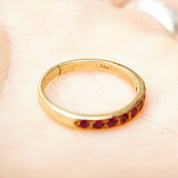 Vintage 14K Gold Half Eternity Pave Ruby Ring, 8 Round Cut Ruby Gemstones, 2mm Yellow Gold Band, Anniversary Ring, Size 6 1/2 US