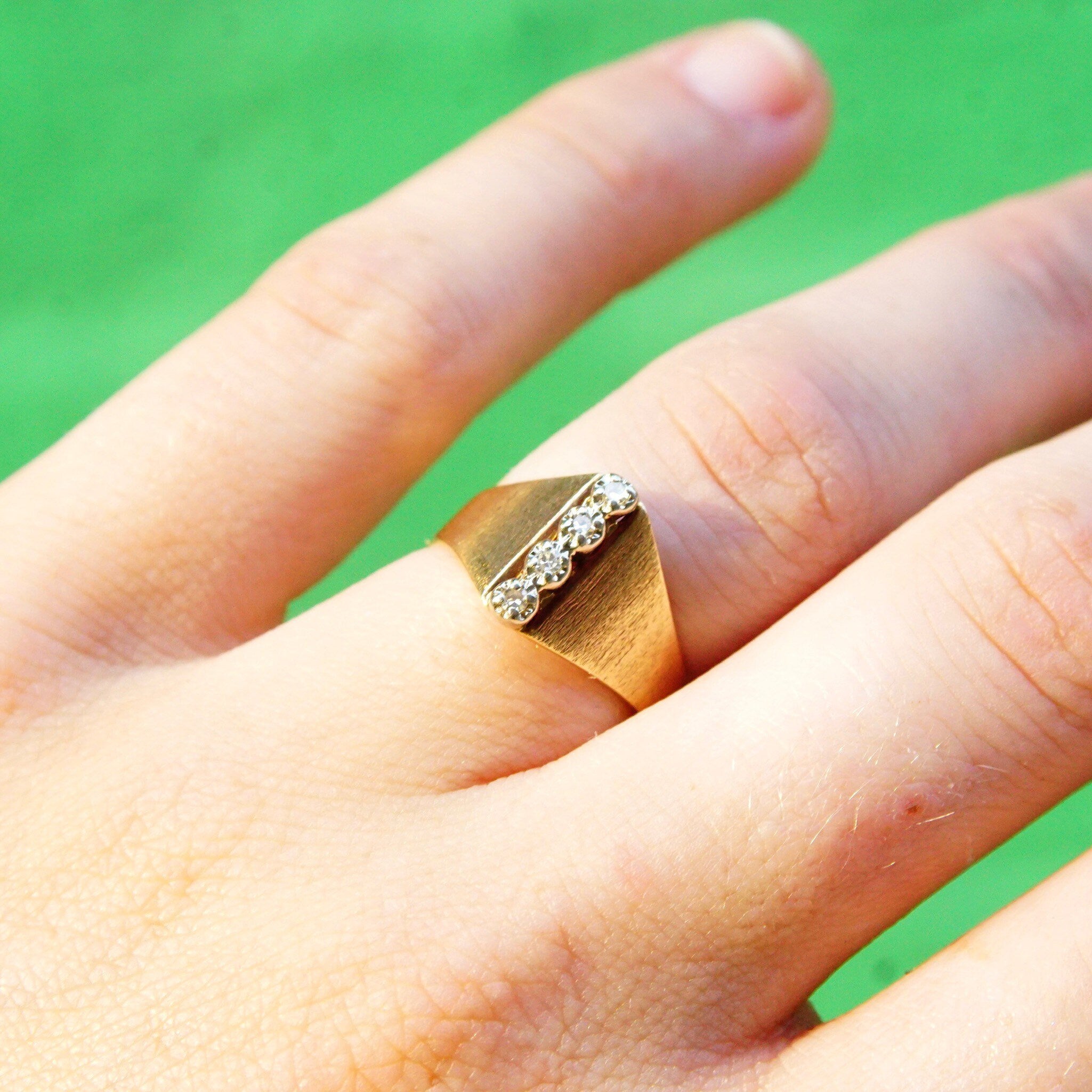 Vintage 14K Gold Diamond Ring, 4 Brilliant Diamonds In Single Row Setting, .06 TCW, Wide Tapered Gold Band, Size 6 3/4 US