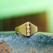 Vintage 14K Gold Diamond Ring, 4 Brilliant Diamonds In Single Row Setting, .06 TCW, Wide Tapered Gold Band, Size 6 3/4 US