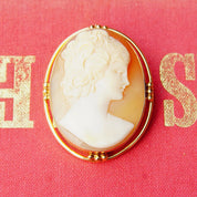 Victorian 14K Yellow Gold Cameo Brooch/Pendant, Beautiful Antique Cameo Pin, Classic Relief Carving, Gold Drop Setting, 1 5/8 L
