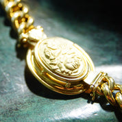 Vintage Italian 18K Gold Repousse Flower Cameo & Amethyst Cuban Link Chain Necklace, Chunky Yellow Gold Hollow Link Chain, 750 17" L