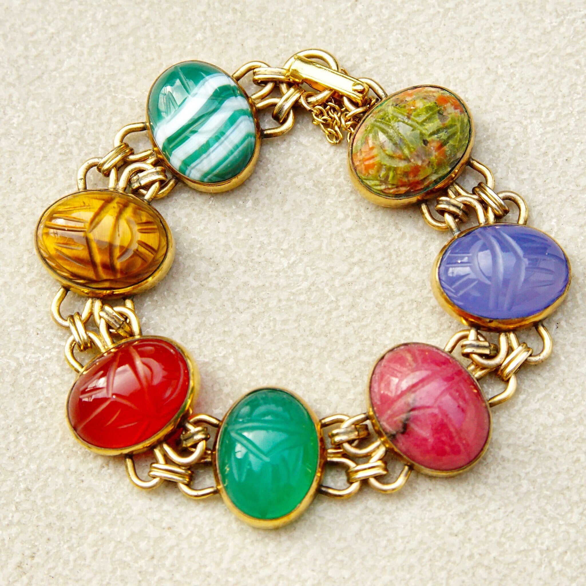 Vintage 14KT Gold Filled Multi-Stone Scarab Bracelet, Double Link Carved Gemstone Bracelet, 7 Scarab Beads, Security Chain, 6 1/2" L
