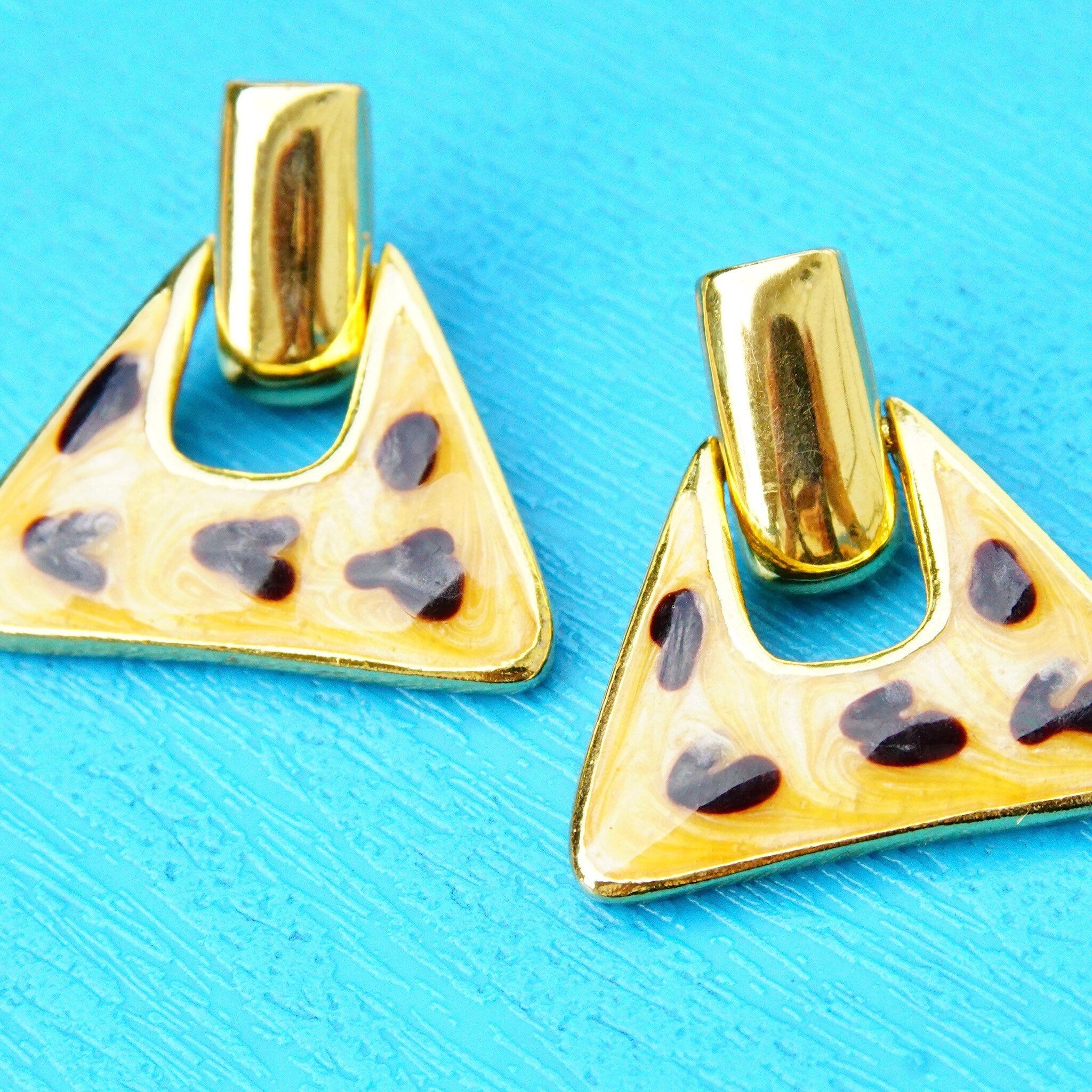 Vintage Gold Tone Enamel Dangle Earrings, Chunky Triangle Earrings, Hinged Stud Earrings W/ Cheetah Spots, Statement Jewelry, 1 1/4 L