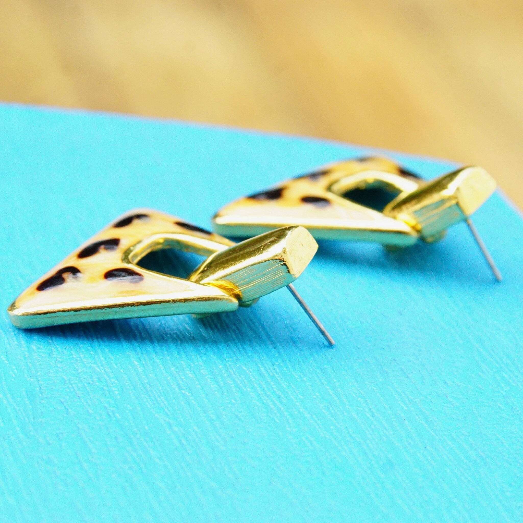 Vintage Gold Tone Enamel Dangle Earrings, Chunky Triangle Earrings, Hinged Stud Earrings W/ Cheetah Spots, Statement Jewelry, 1 1/4 L