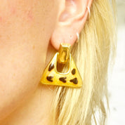Vintage Gold Tone Enamel Dangle Earrings, Chunky Triangle Earrings, Hinged Stud Earrings W/ Cheetah Spots, Statement Jewelry, 1 1/4 L