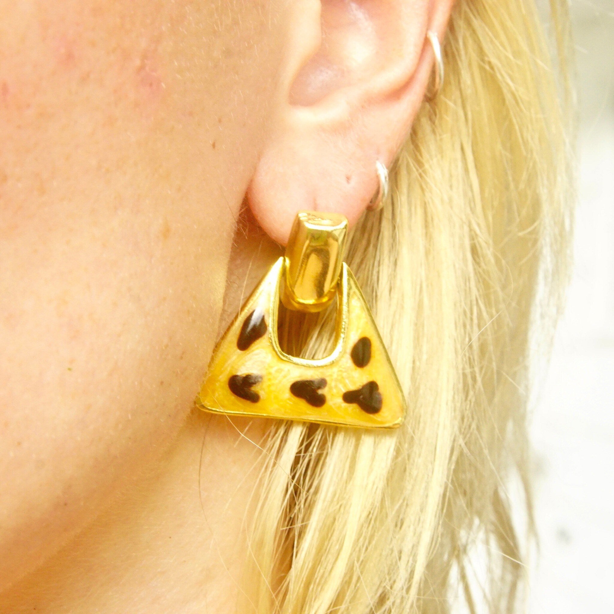 Vintage Gold Tone Enamel Dangle Earrings, Chunky Triangle Earrings, Hinged Stud Earrings W/ Cheetah Spots, Statement Jewelry, 1 1/4 L