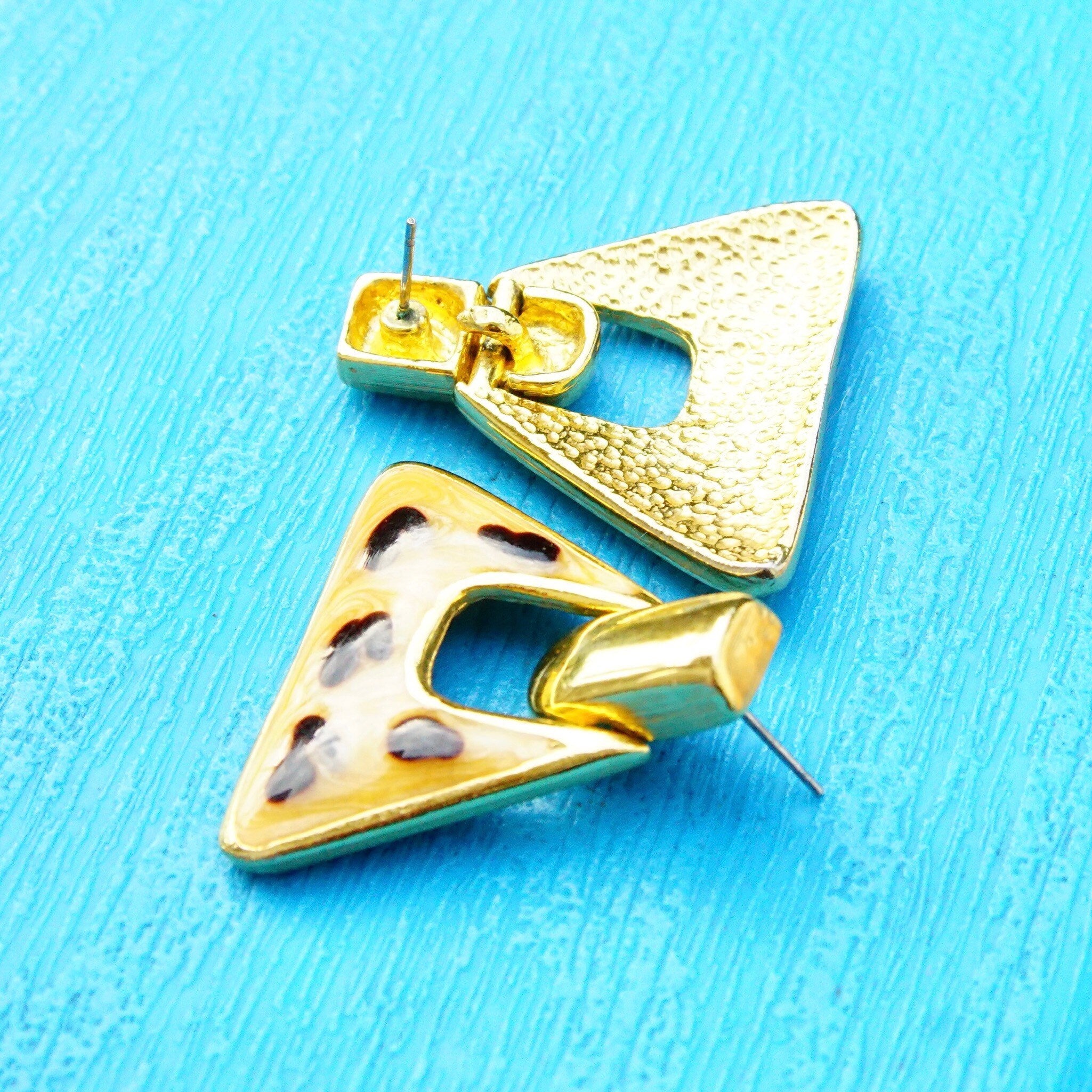 Vintage Gold Tone Enamel Dangle Earrings, Chunky Triangle Earrings, Hinged Stud Earrings W/ Cheetah Spots, Statement Jewelry, 1 1/4 L