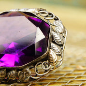 Vintage Sterling Silver Amethyst Brooch, Silver Leaf Frame, Large Faceted Purple Gemstone, Beautiful Amethyst Pin, 1 1/2 W x 1 1/8 L