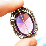 Vintage Sterling Silver Amethyst Brooch, Silver Leaf Frame, Large Faceted Purple Gemstone, Beautiful Amethyst Pin, 1 1/2 W x 1 1/8 L