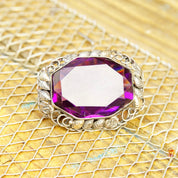 Vintage Sterling Silver Amethyst Brooch, Silver Leaf Frame, Large Faceted Purple Gemstone, Beautiful Amethyst Pin, 1 1/2 W x 1 1/8 L