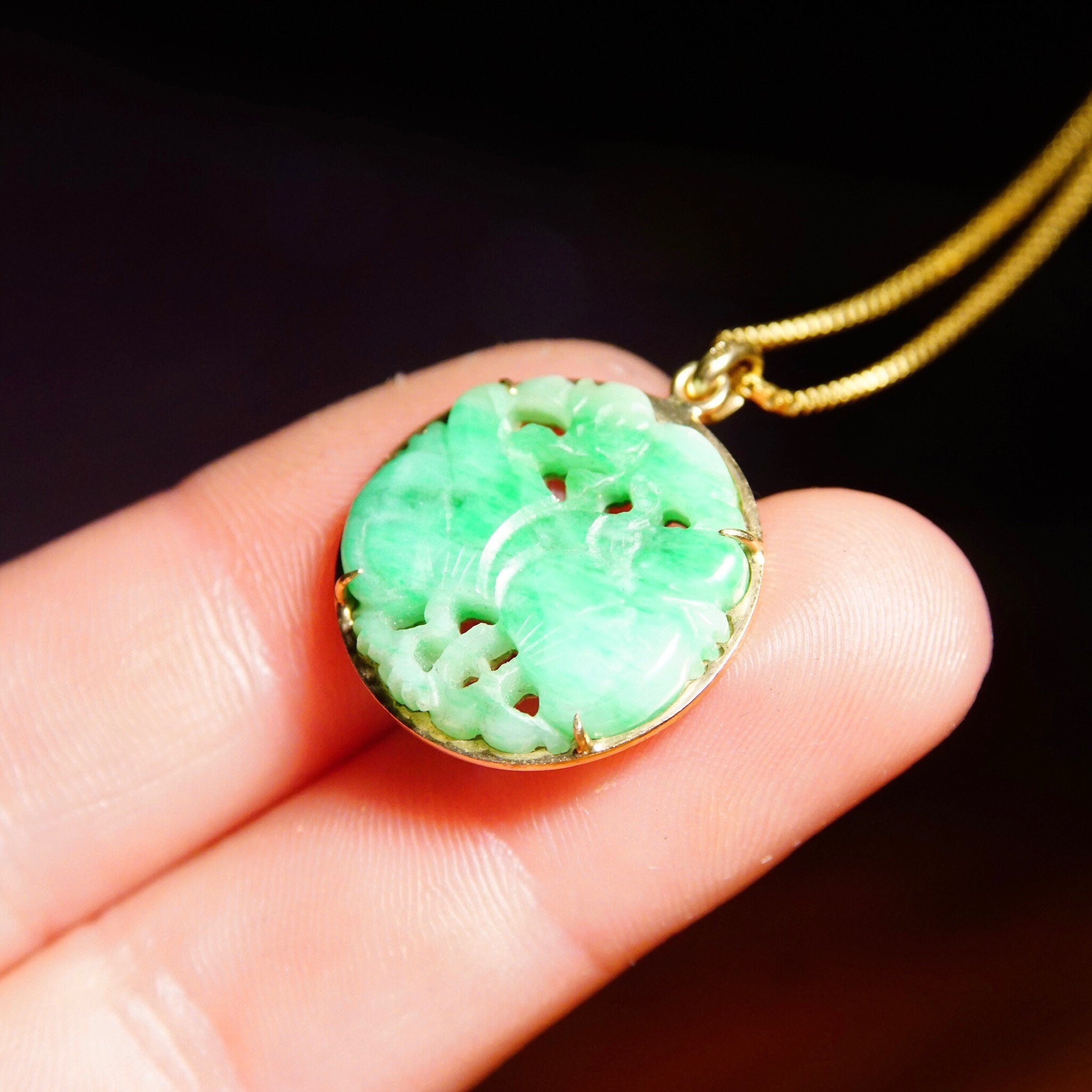 Vintage 14K Hand Carved Jadeite Jade Pendant, Small Carved Jade Disc With Yellow Gold Backing, Good Color, Floral Motifs, 1 1/8" L