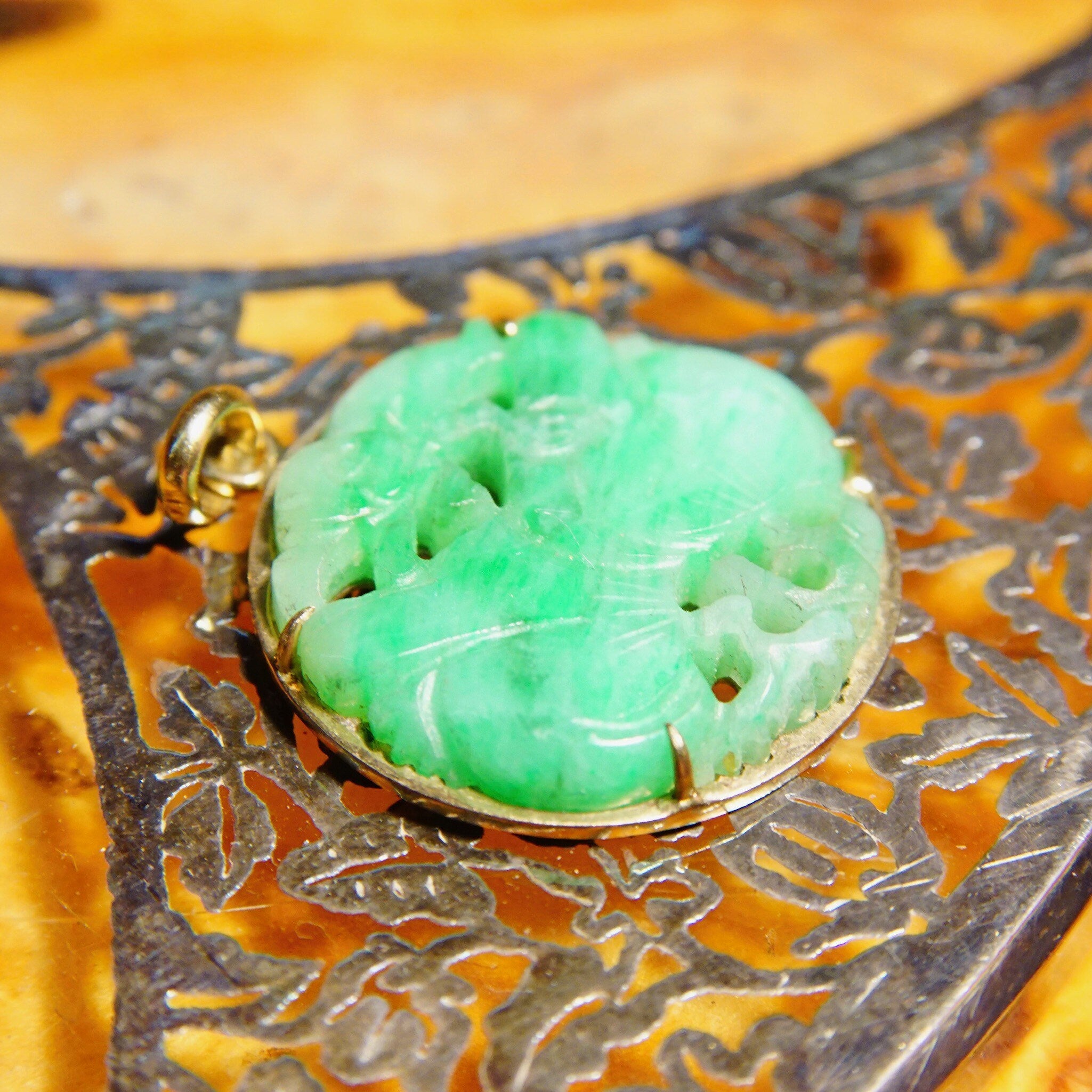 Vintage 14K Hand Carved Jadeite Jade Pendant, Small Carved Jade Disc With Yellow Gold Backing, Good Color, Floral Motifs, 1 1/8" L