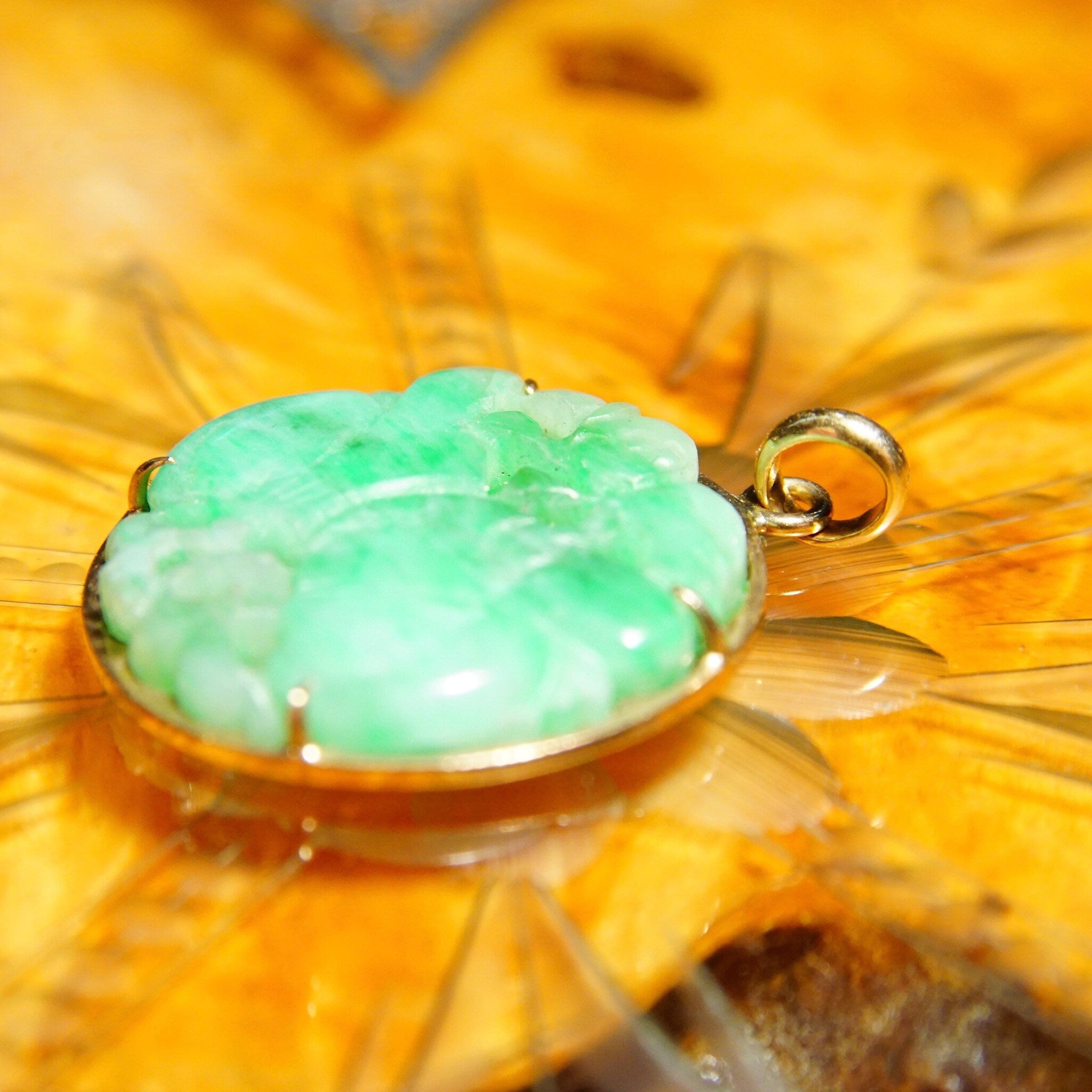 Vintage 14K Hand Carved Jadeite Jade Pendant, Small Carved Jade Disc With Yellow Gold Backing, Good Color, Floral Motifs, 1 1/8" L
