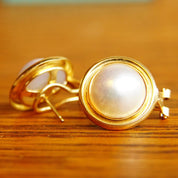 Vintage 14K Gold Pearl Leverback Stud Earrings, 13mm Cultured Pearl Earrings, Round Pearl Earrings, 3/4