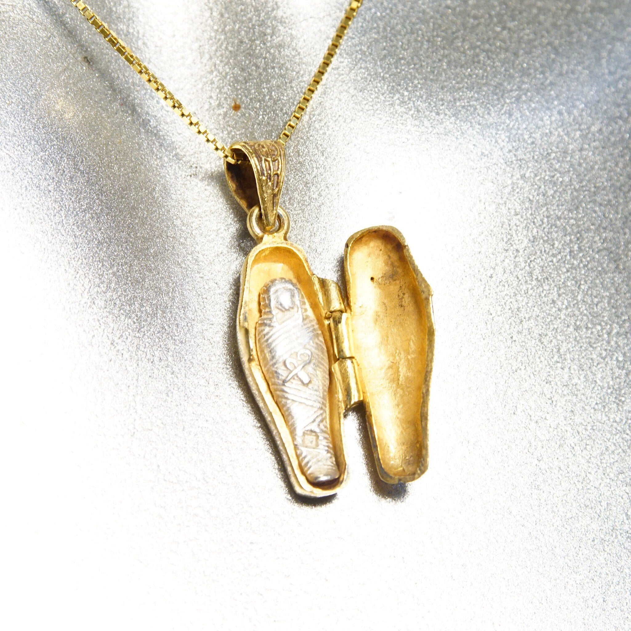 Vintage Gold Plated Sterling Silver Egyptian Sarcophagus Charm Pendant, Hinged Gold Pharaoh Coffin With Silver Mummy Inside, 36mm x 12mm