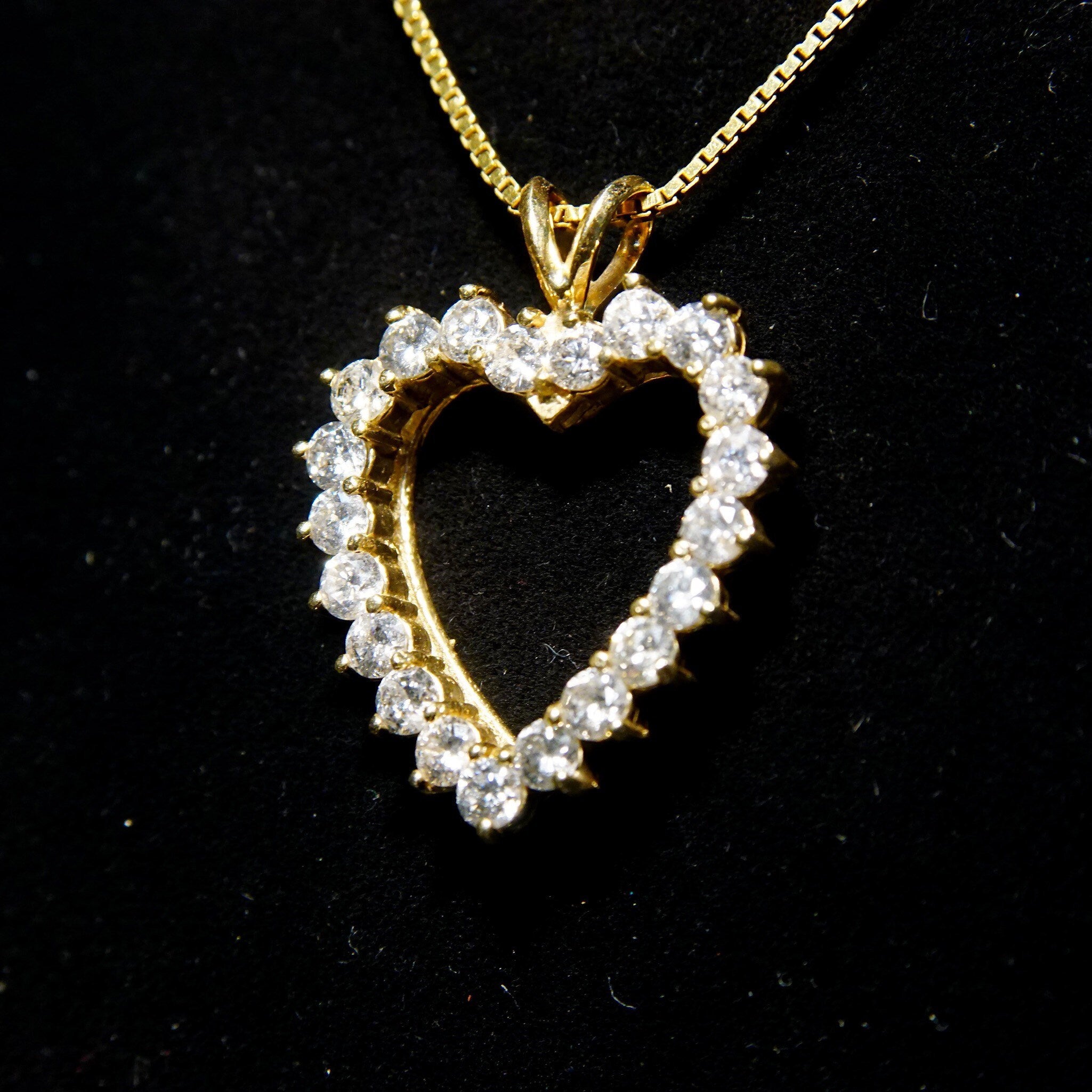 Vintage 14K Gold Open Heart Brilliant Diamond Pendant, 21 Dazzling Diamonds, 2.1 TCW, Yellow Gold Heart Pendant, 1 1/8 L