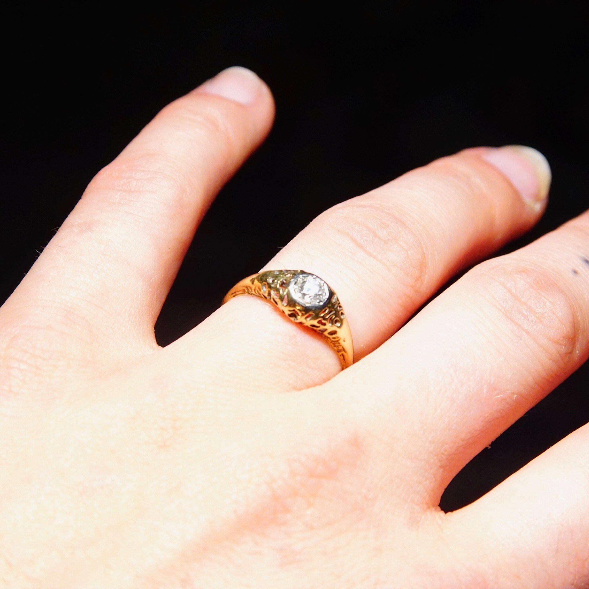 Vintage Art Deco 14K Gold Filigree Diamond Ring, Dazzling .25 CT Brilliant Cut Diamond, Antique Engagement Ring, 585 Yellow Gold, Size 8 US