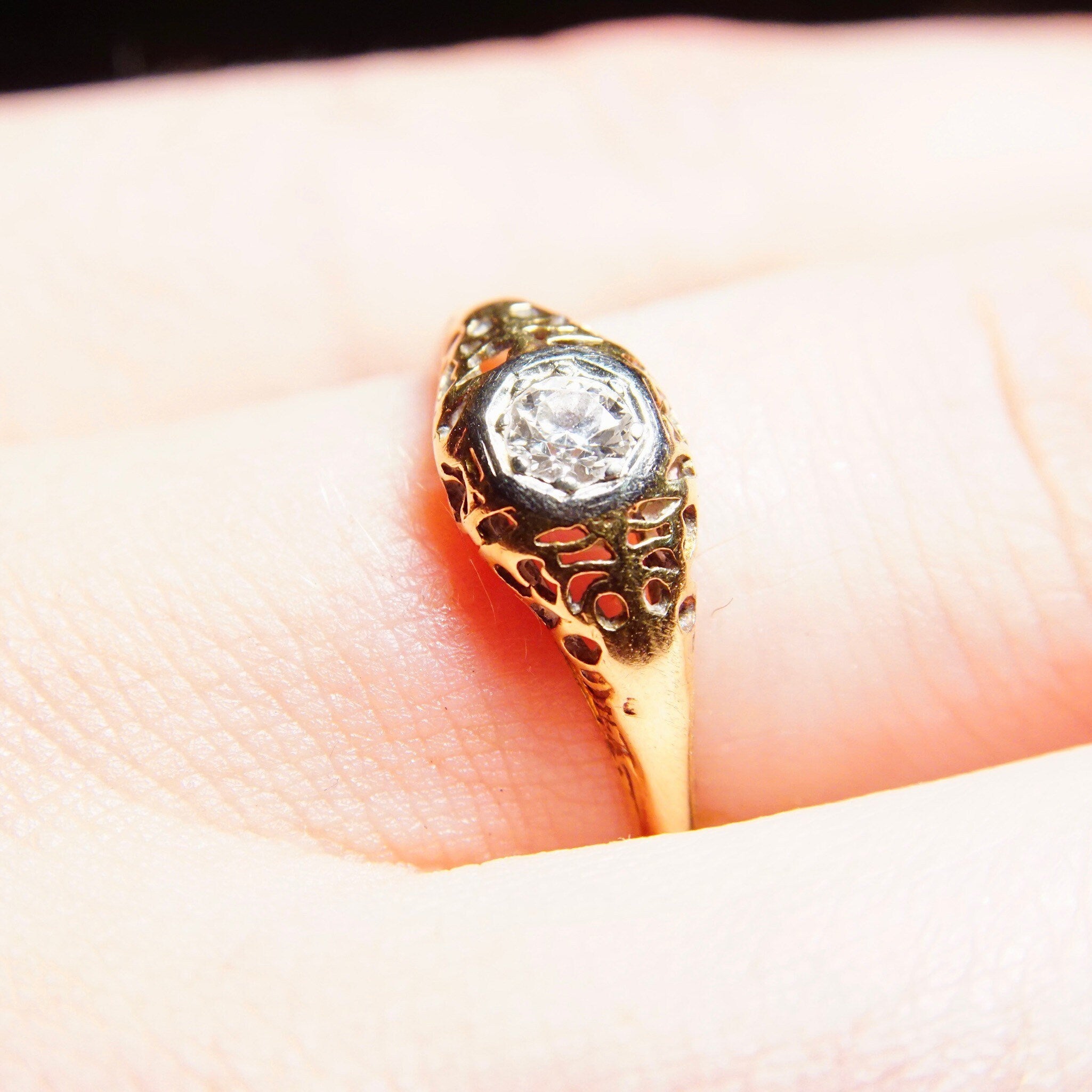 Vintage Art Deco 14K Gold Filigree Diamond Ring, Dazzling .25 CT Brilliant Cut Diamond, Antique Engagement Ring, 585 Yellow Gold, Size 8 US