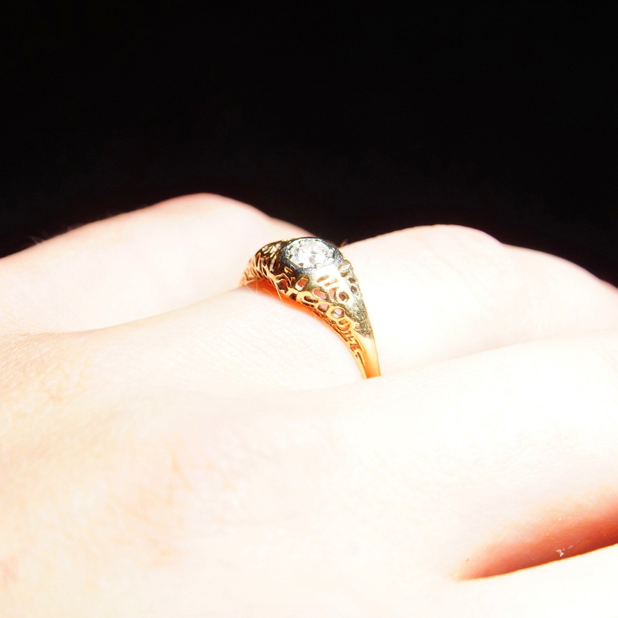 Vintage Art Deco 14K Gold Filigree Diamond Ring, Dazzling .25 CT Brilliant Cut Diamond, Antique Engagement Ring, 585 Yellow Gold, Size 8 US