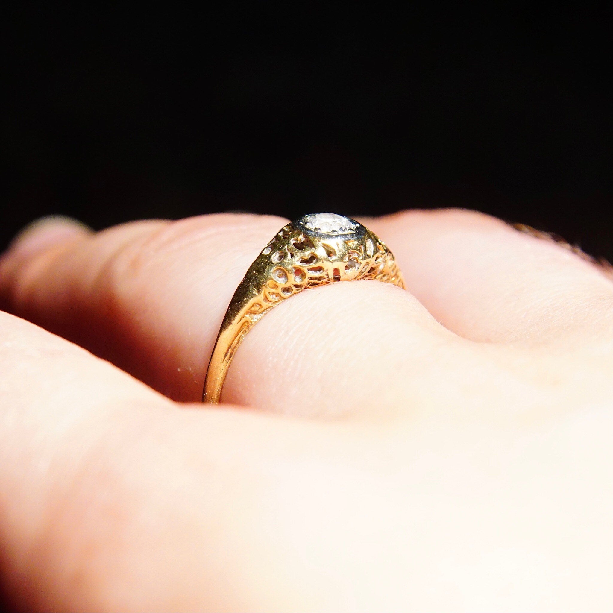 Vintage Art Deco 14K Gold Filigree Diamond Ring, Dazzling .25 CT Brilliant Cut Diamond, Antique Engagement Ring, 585 Yellow Gold, Size 8 US