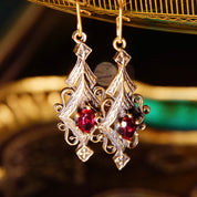 Vintage 14K Gold Red Ruby Dangle Pendant Earrings, Elegant Ornate Earrings With Marquise Gemstones, Art Deco/Nouveau, Kidney Hooks,2 L