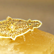 Antique 10K Gold Filigree Diamond & Emerald Bar Pin, Ornate Yellow Gold Brooch, .03 CT Round Diamond, Accent Green Emerald Gemstone, 2" L