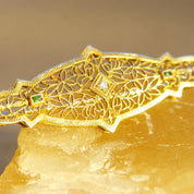 Antique 10K Gold Filigree Diamond & Emerald Bar Pin, Ornate Yellow Gold Brooch, .03 CT Round Diamond, Accent Green Emerald Gemstone, 2" L