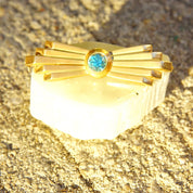 Vintage 14K rose gold Art Deco bar pin brooch with brilliant blue aquamarine gemstone in golden ray setting, measuring 2 inches long, 585 European gold jewelry.