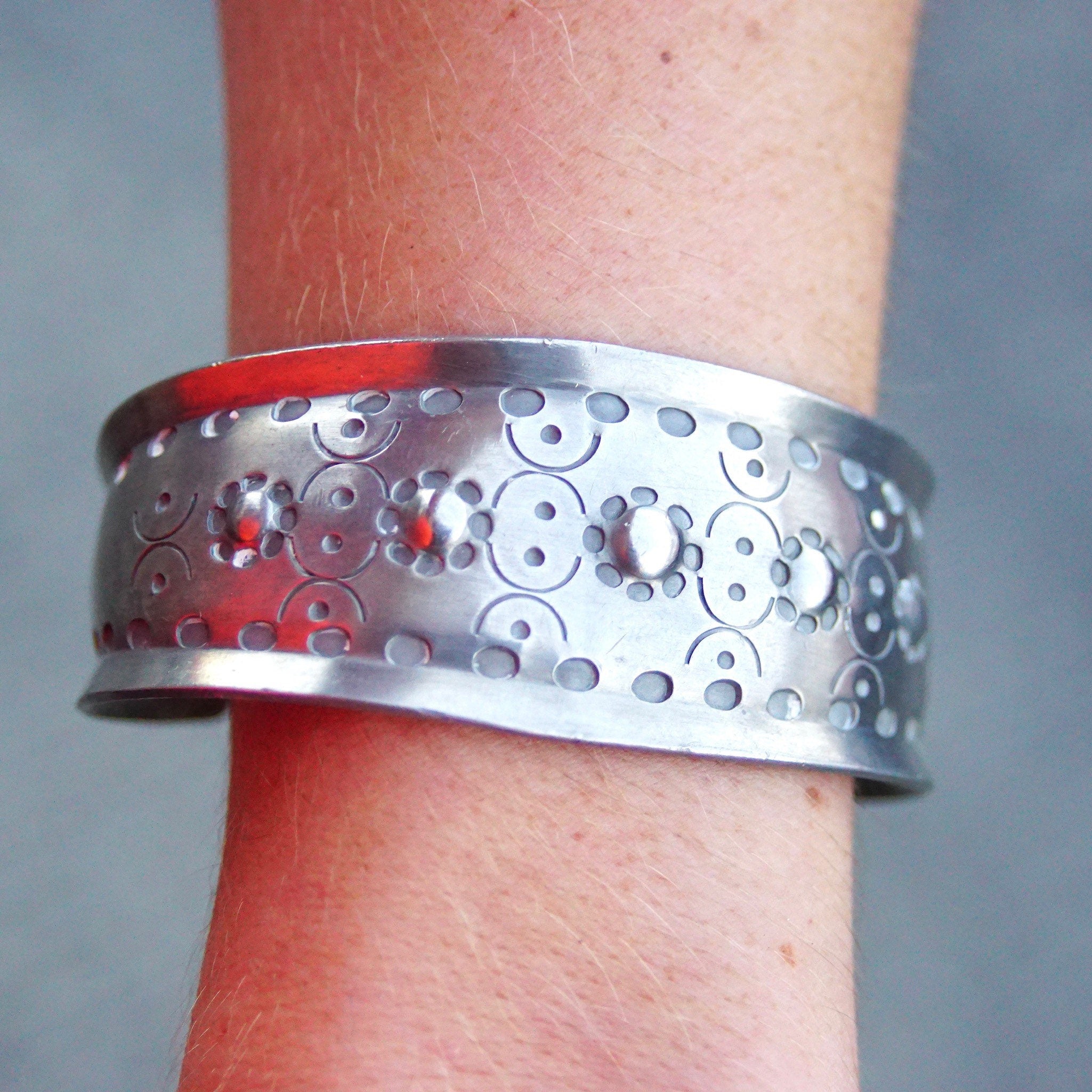 Vintage Signed Jorgen Jensen 158 Pewter Cuff Bracelet, Handmade Danish Pewter Cuff, Modernist Repousse Cuff Bracelet, Wide, 6 1/4 L