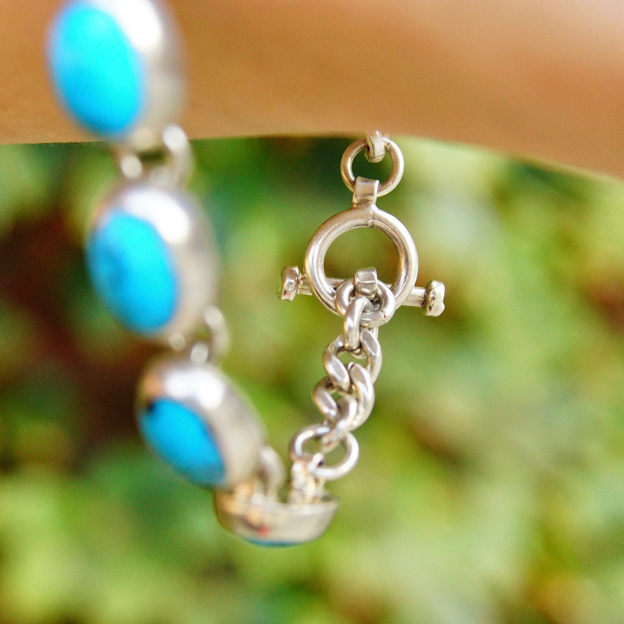 Vintage TAXCO Sterling Silver & Turquoise Link Bracelet, Mexico 925, 10 Turquoise Stones, Accent Curb Chain Links, Toggle Clasp, 9" L
