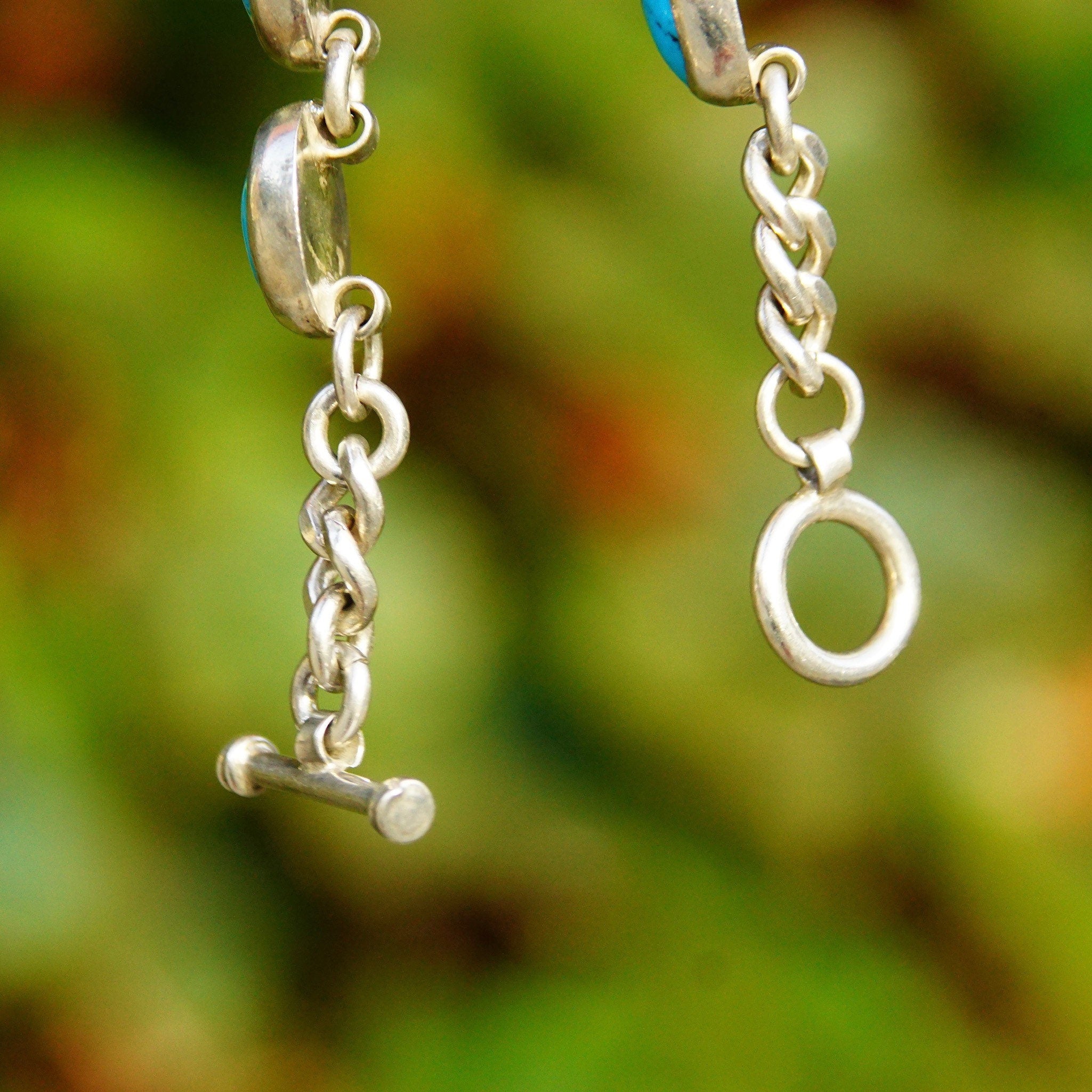 Vintage TAXCO Sterling Silver & Turquoise Link Bracelet, Mexico 925, 10 Turquoise Stones, Accent Curb Chain Links, Toggle Clasp, 9" L