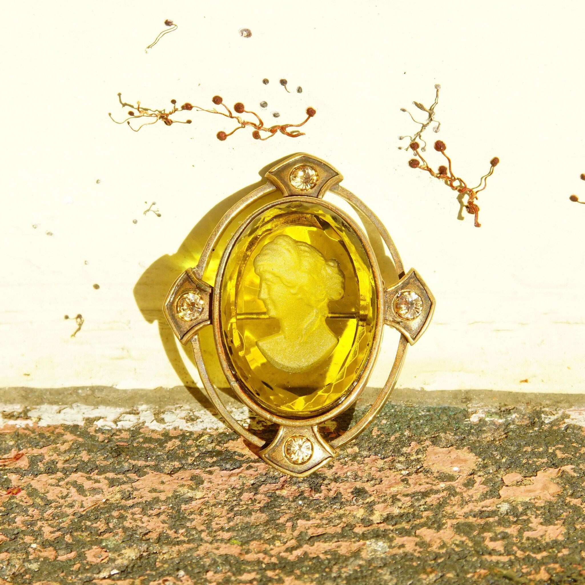 Vintage Extasia Hand Pressed Glass Intaglio Cameo Drop Earrings, Transparent Yellow Glass Cameos, French Hook Earrings, Signed EXT, 7/8 L