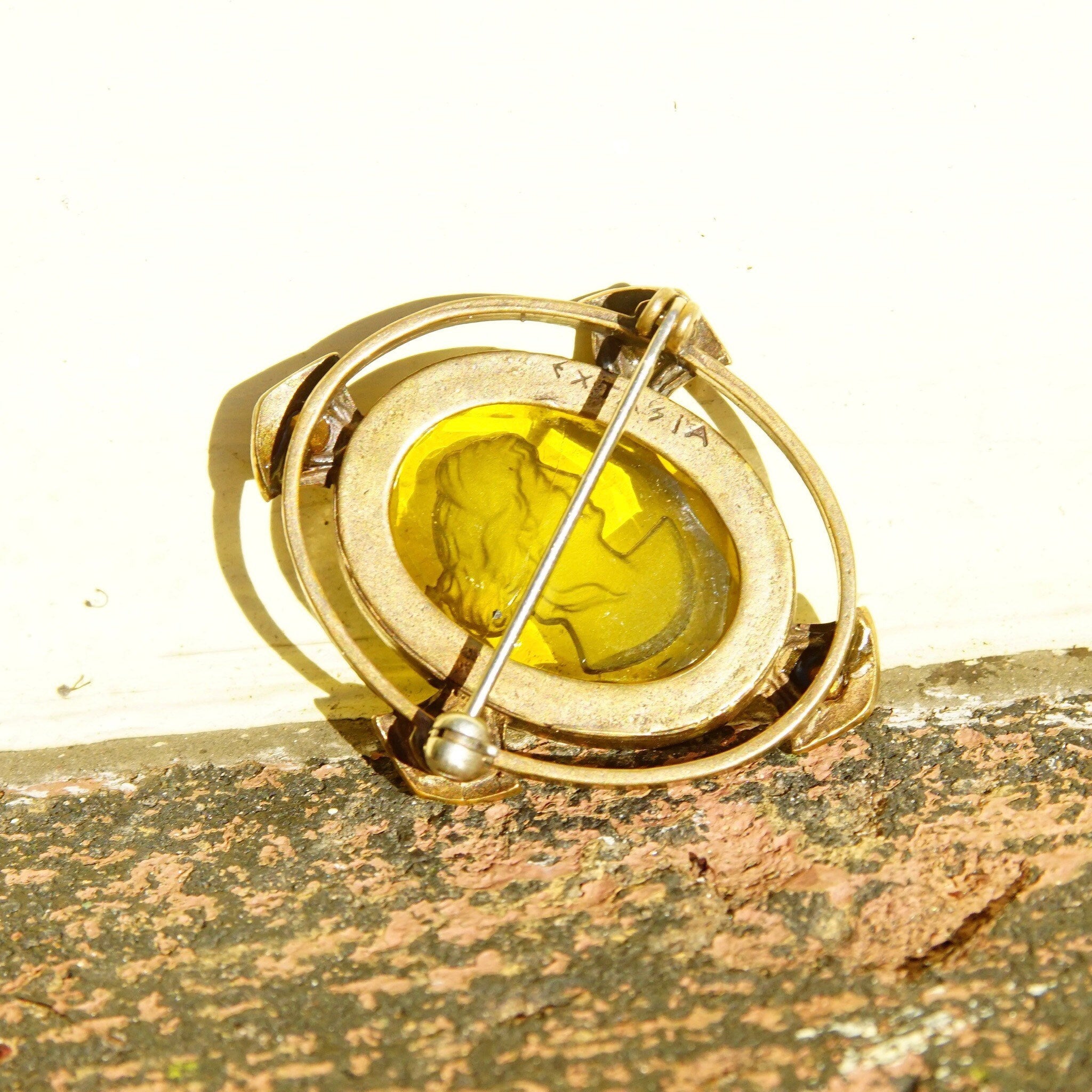 Vintage Extasia Hand Pressed Glass Intaglio Cameo Drop Earrings, Transparent Yellow Glass Cameos, French Hook Earrings, Signed EXT, 7/8 L