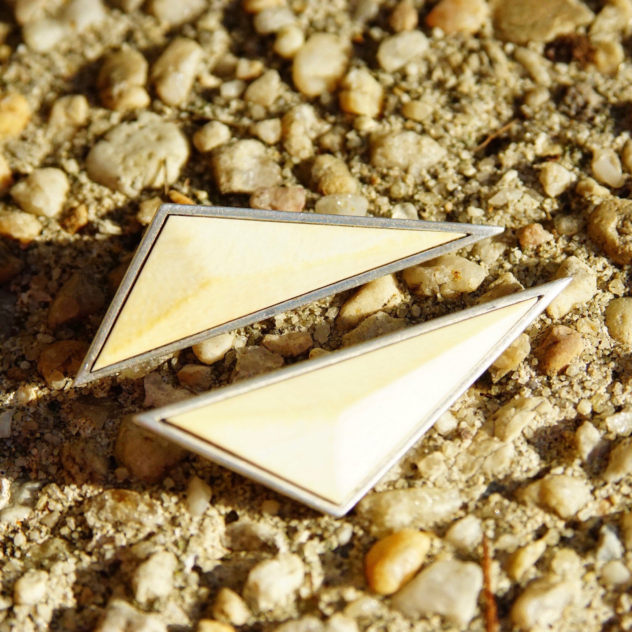 Vintage Sterling J Woolsey Modernist Bone Inlay Stud Earrings, Triangular Statement Earrings, Geometric Silver & Bone Studs, 2 1/8 L