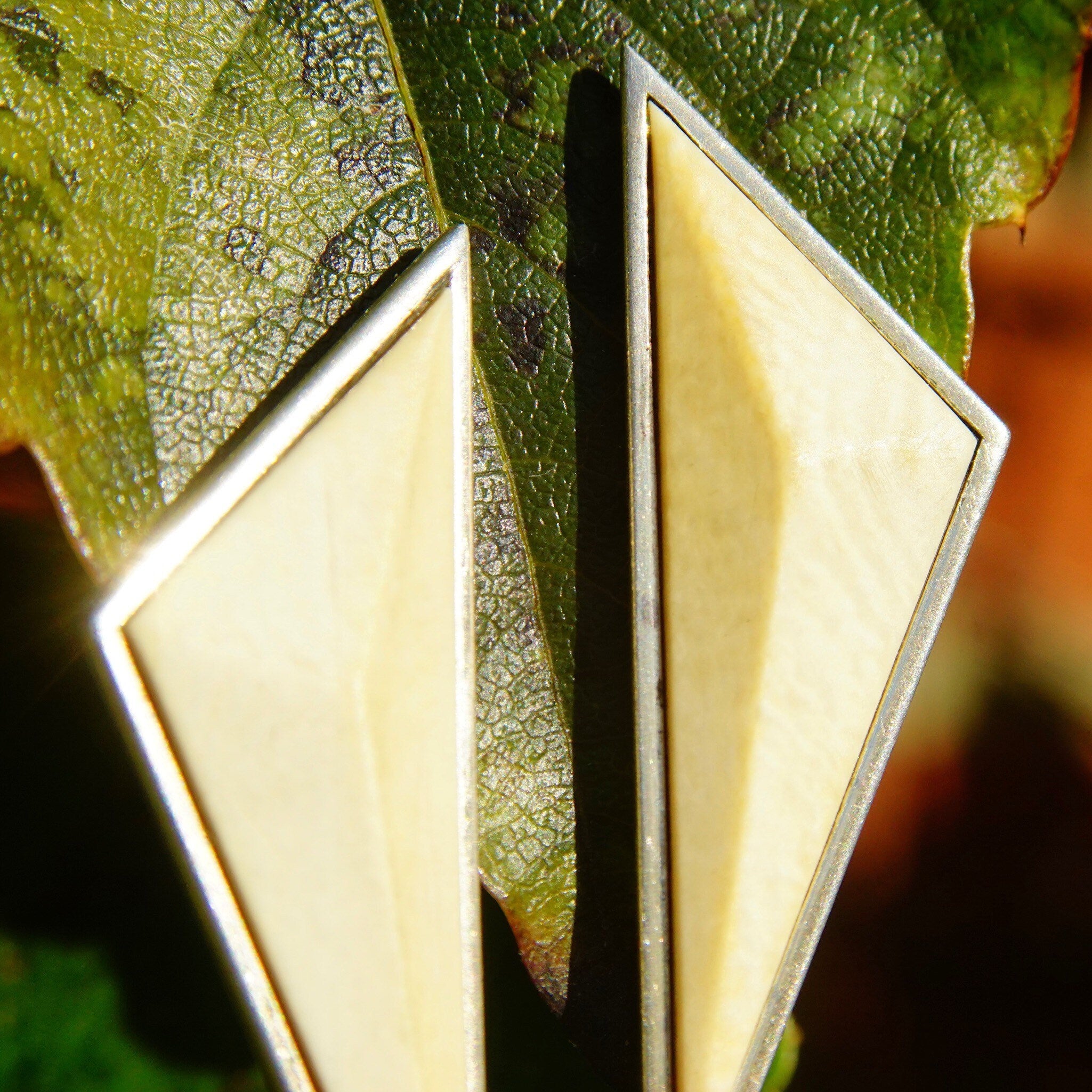 Vintage Sterling J Woolsey Modernist Bone Inlay Stud Earrings, Triangular Statement Earrings, Geometric Silver & Bone Studs, 2 1/8 L