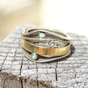 Vintage Modernist Two-Tone Sterling Silver & Opal Ring, Textured Silver Band With Gold Wash And Accent Opal Gemstones, Israeli, 7 1/2 US
