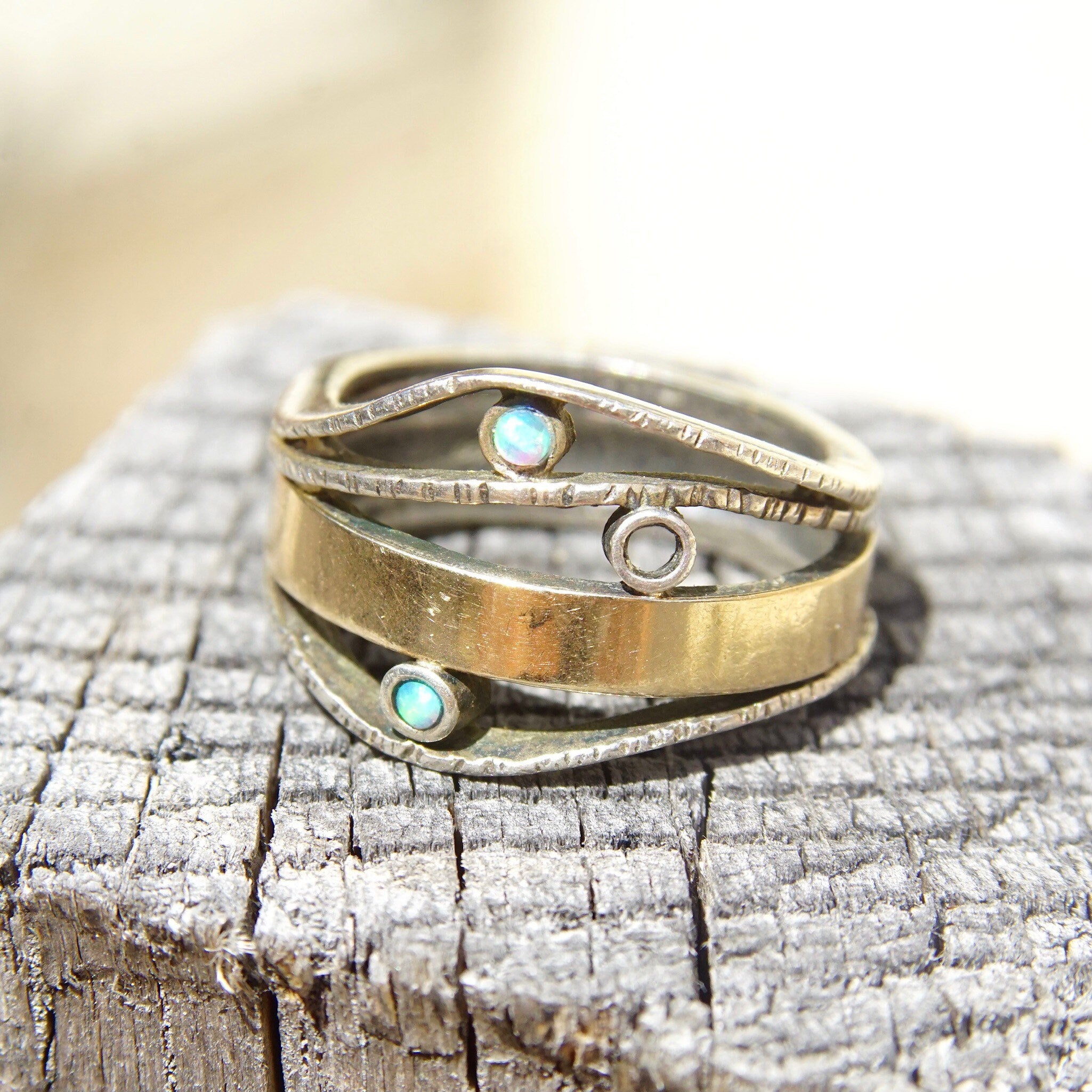 Vintage Modernist Two-Tone Sterling Silver & Opal Ring, Textured Silver Band With Gold Wash And Accent Opal Gemstones, Israeli, 7 1/2 US