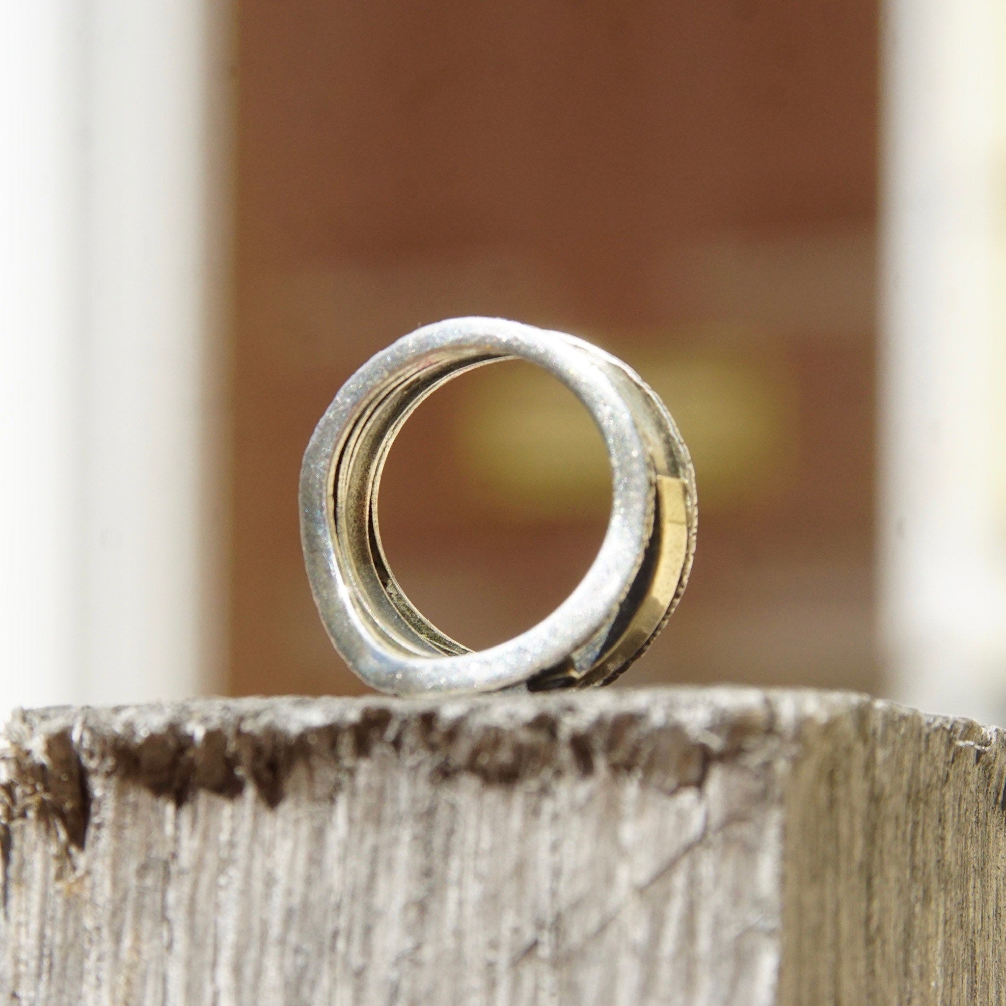 Vintage Modernist Two-Tone Sterling Silver & Opal Ring, Textured Silver Band With Gold Wash And Accent Opal Gemstones, Israeli, 7 1/2 US